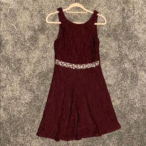 Maroon lace dress with beaded belt